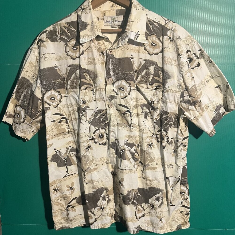 Island Shores Hawaiian Shirt XL Beige Brown Floral Tropical Drinks Print 100% Co